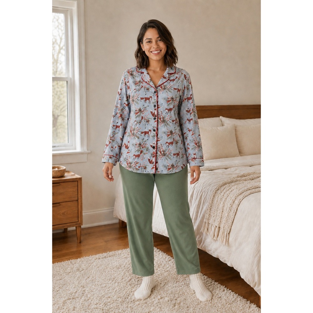 Cottagecore Cozy ModCloth Blue Fox Nature Woodland Long Sleeve M Pajama Top